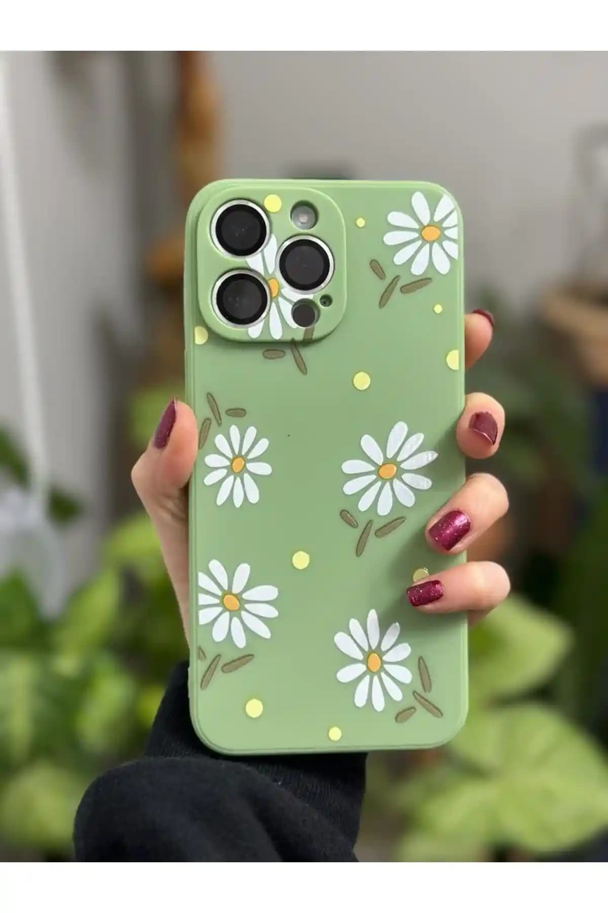 iPhone 14 Pro Max için Papatya Desenli Kadife İç Yüzeyli Şık ve Koruyucu Kılıf