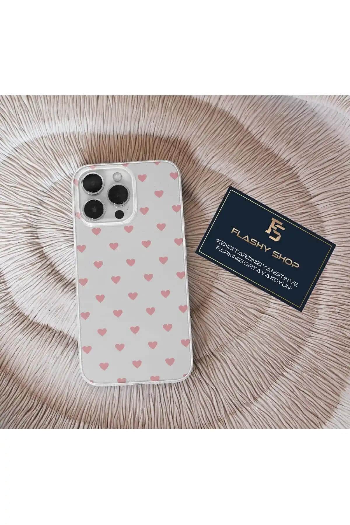 Samsung Galaxy A32 için Renkli ve Şeffaf Silikon Kılıf Pembe Kalp Desenli Koruma