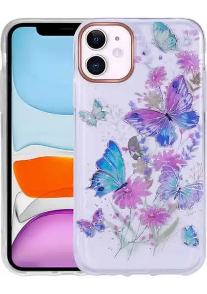 Apple iPhone 11 İçin MobaxAksesuar Desenli ve Simli Sert Inka Kapak