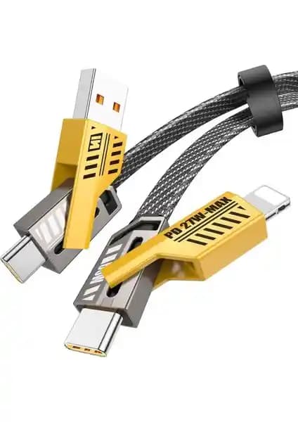 Fibaks 4in1 PD 65 Watt Type-C/27 Watt Halat Örgü Kırılmaz Uç Çok Fonksiyonlu Hızlı Şarj ve Veri Kablosu