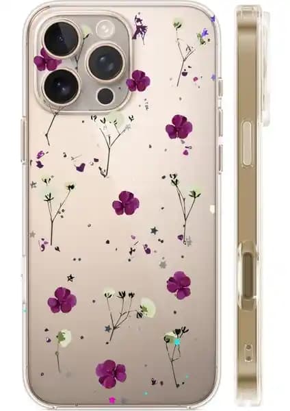 iPhone 16 Pro Max İçin Mor Çiçek Desenli Şeffaf Silikon Kılıf Estetik ve Koruma Sağlar