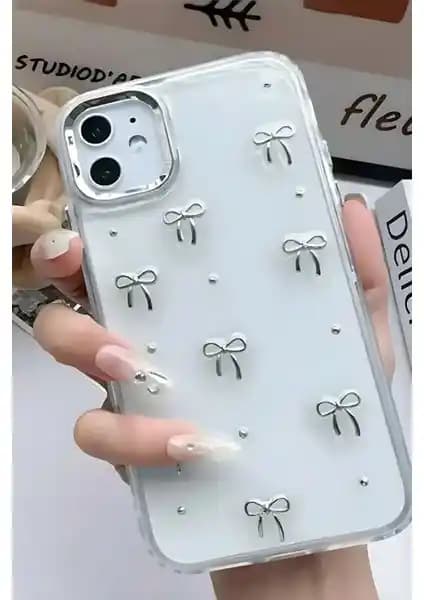 iPhone 11 için şeffaf silikon arka kapak: simli gümüş renkli fiyonk desenli estetik koruma