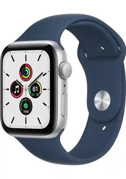 Apple Watch SE GPS 44MM: Gümüş Alüminyum Kasa ve Mavi Spor Kordonlu Kadın Akıllı Saat