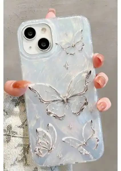 Fibaks iPhone 13, 14, 15 Uyumlu Tüylü Hologram Kelebek Desenli Silikon Kılıf
