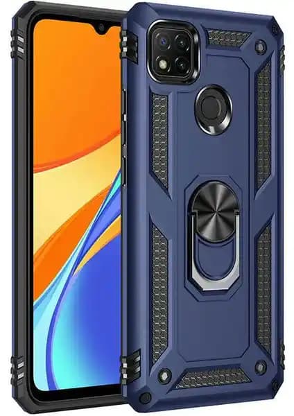 Zore Xiaomi Redmi 9c için Çift Katmanlı, Yüzük Aparatlı Vega KAPAK-MAVI Kılıf