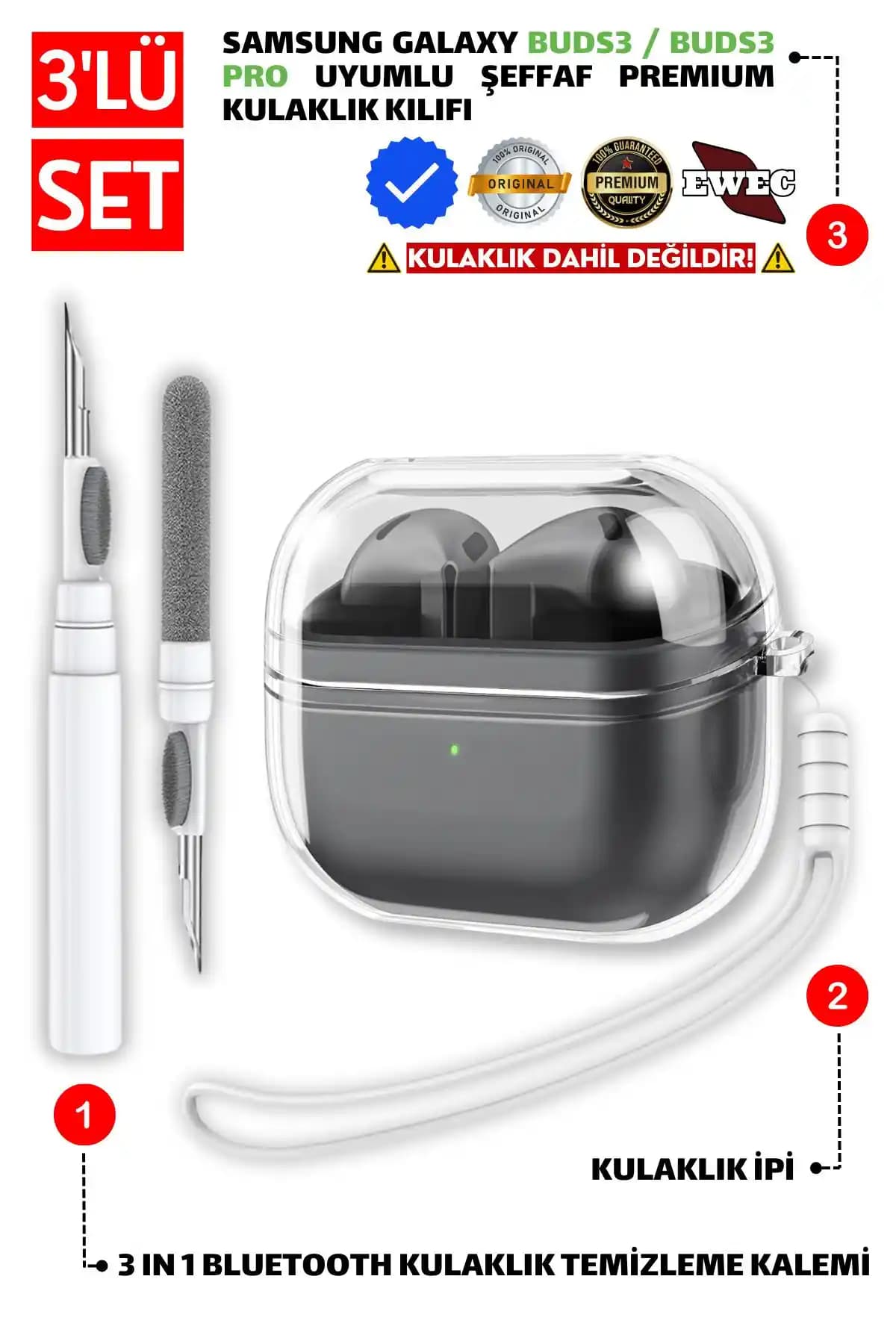 Samsung Galaxy Buds3 ve Buds3 Pro Uyumlu Şeffaf Kılıf ve Bakım Seti