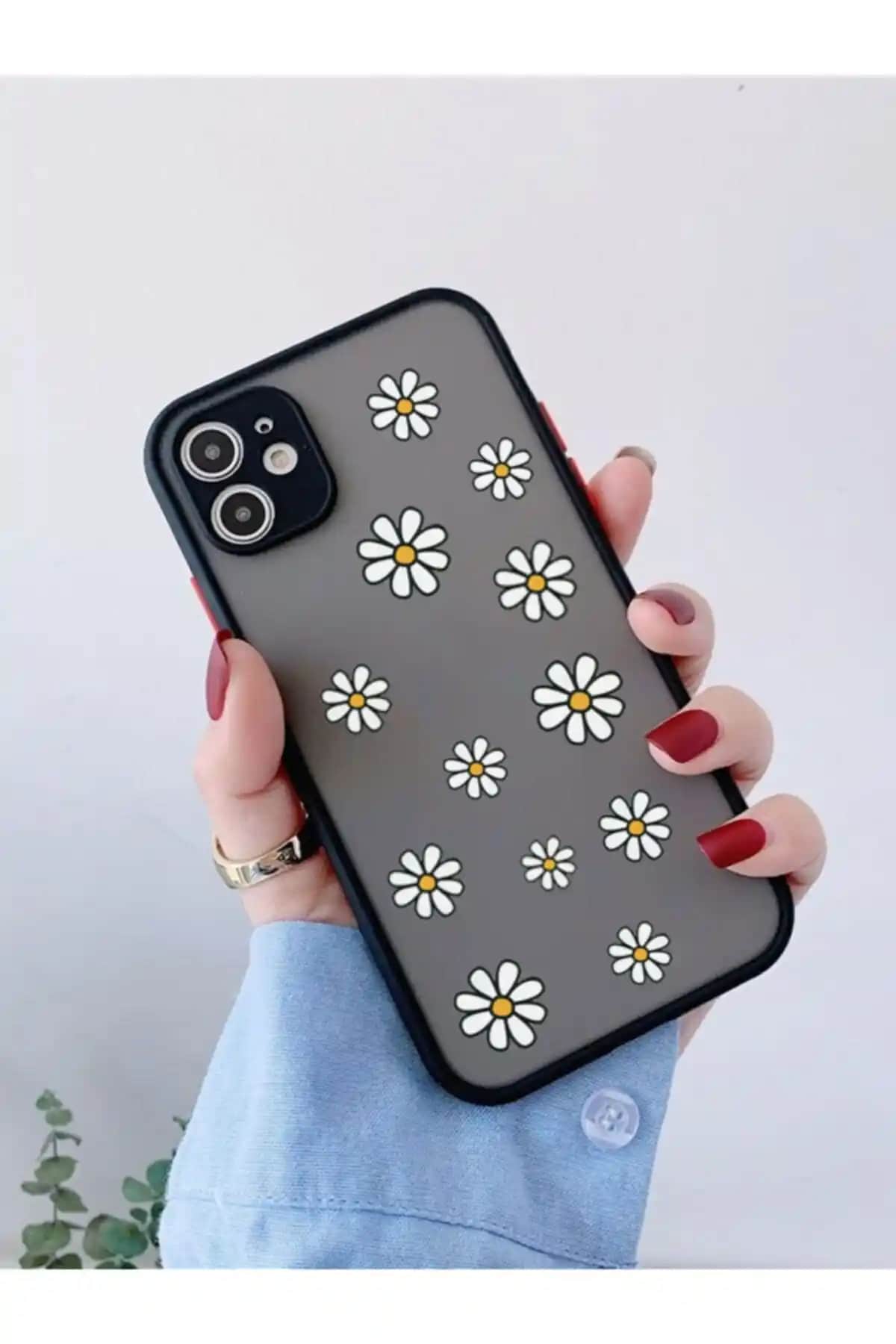 Mooodcase iPhone 11 Siyah Kamera Lens Koruma Papatya Desenli Lüks Silikon Telefon Kılıfı