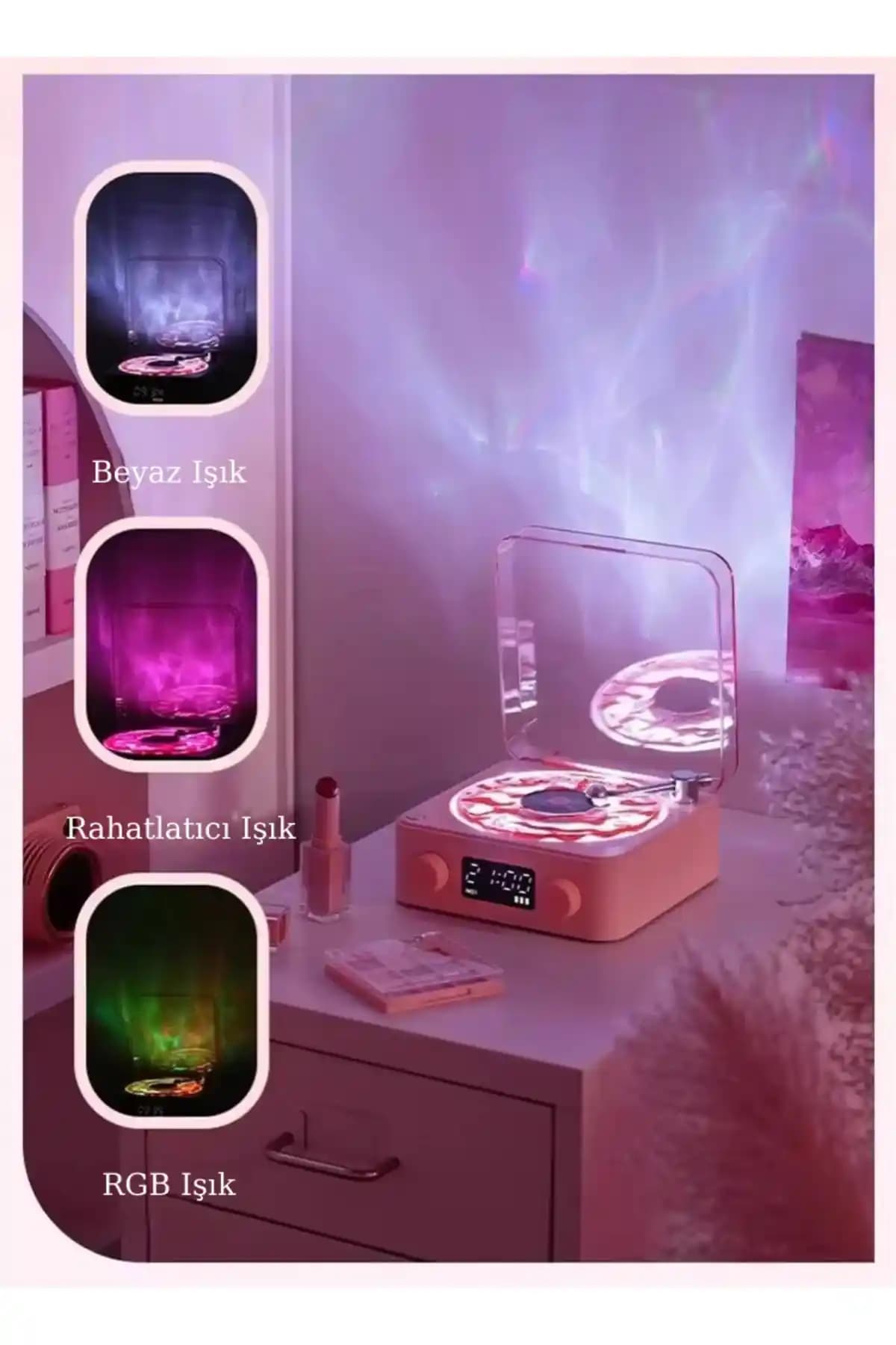 Nostalji ve Modern Teknolojiyi Birleştiren Bluetooth Plak Çalar Pembe Renkli 3D Ses Dalgası