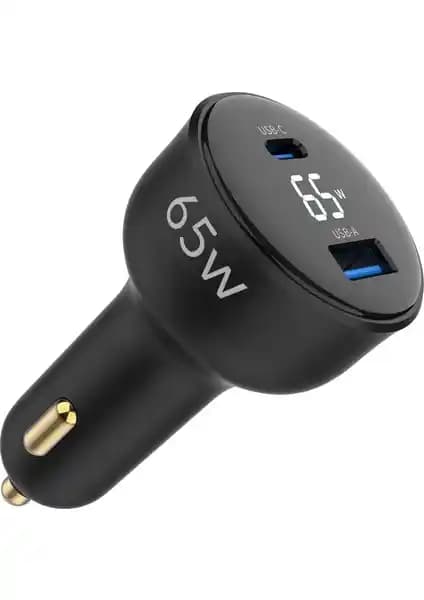 Juo 65W LED Ekranlı Araç Şarj Cihazı Type-C ve USB-A Portlarıyla Hızlı ve Güvenli Şarj