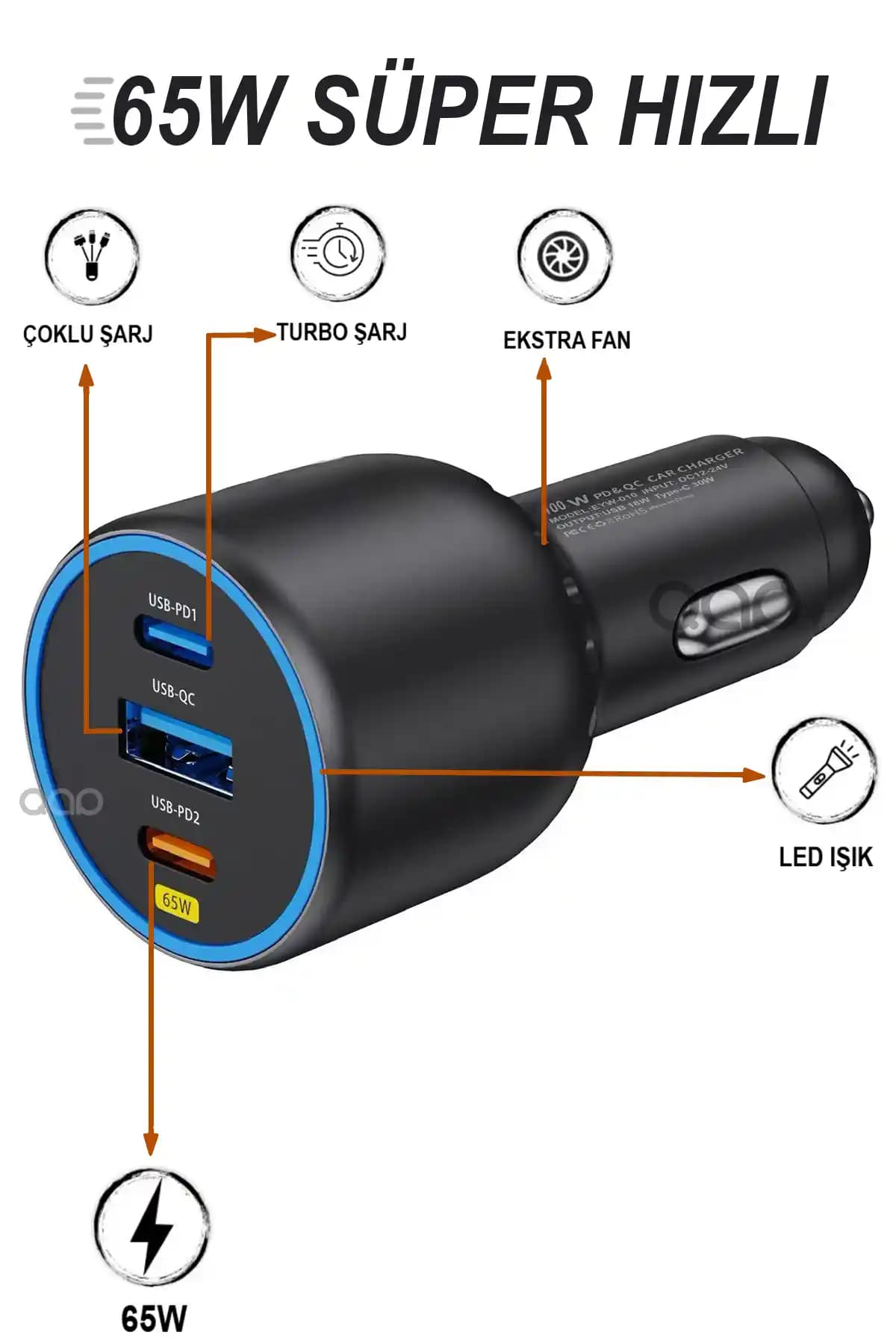 TEKNOHANE 65 Watt Type-C ve USB-A Araç Şarj Cihazı Hızlı ve Güvenli Şarj Çözümü