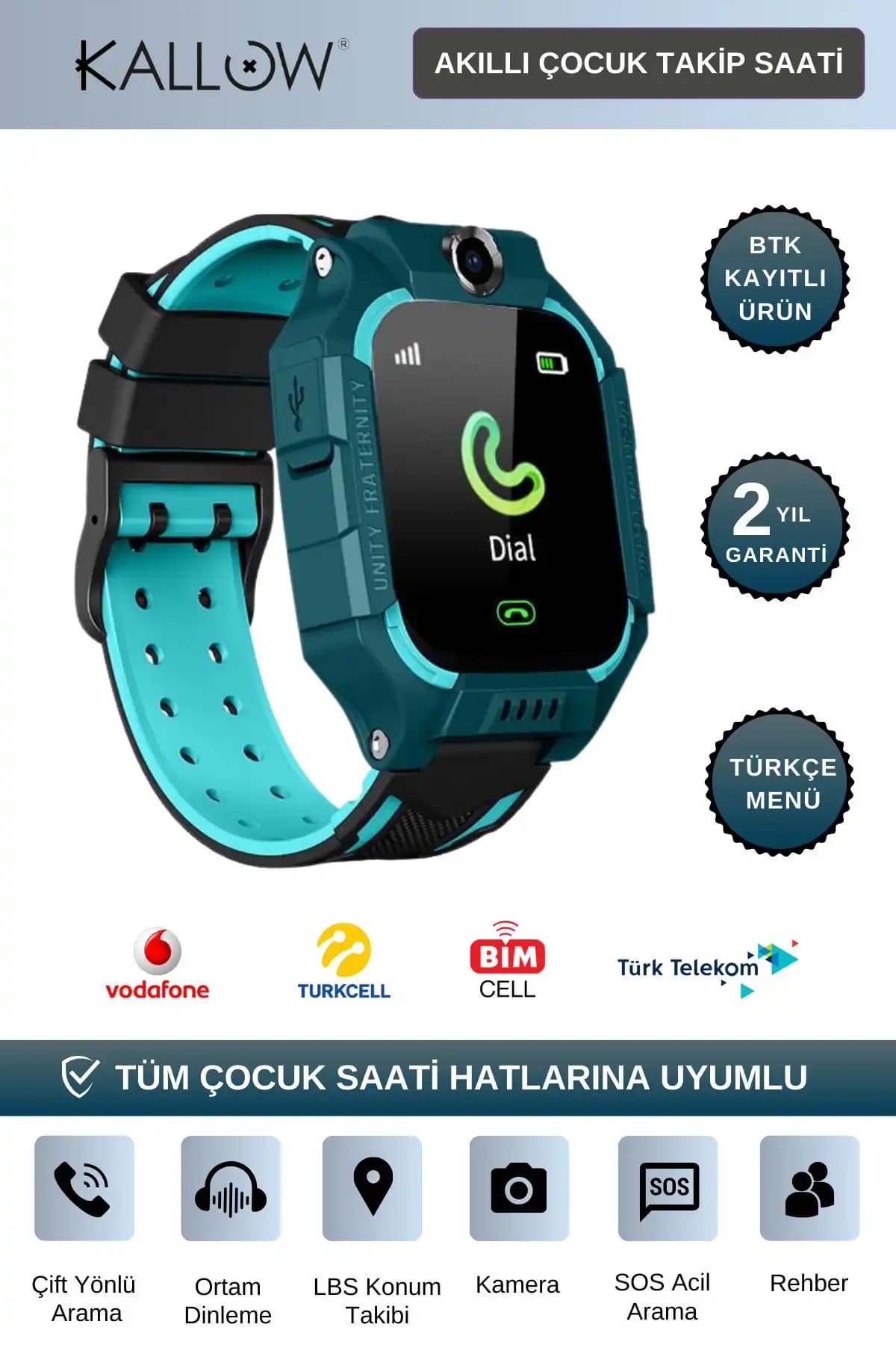kallow Z10 Sim Kart Girişli Akıllı Çocuk Takip Saati Uzaktan Dinleme Özellikli Türkçe Menü Yeşil