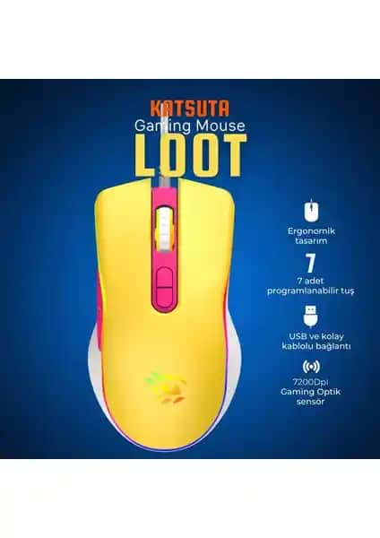 Katsuta Loot RGB 7200 DPI Gaming Mouse: Ergonomik ve Yüksek Performanslı Oyun Aksesuarı