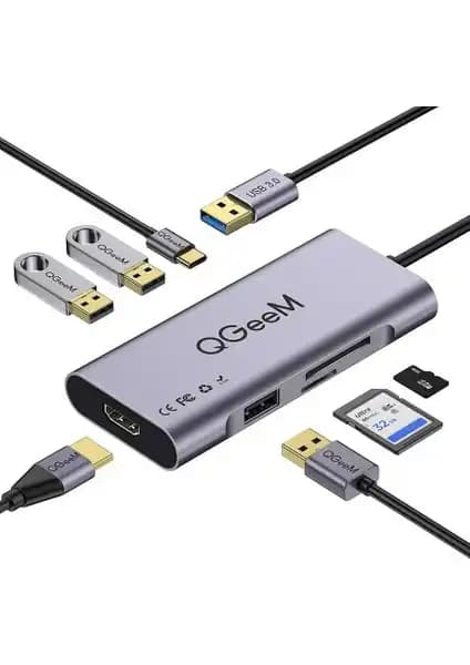 QGeeM QG-UH07-A USB 3.0 Hub Çok Fonksiyonlu ve Taşınabilir Bağlantı Çözümü