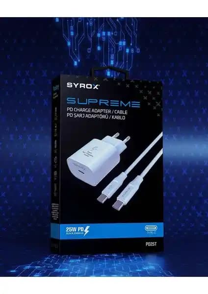 Syrox 25W Hızlı Şarj Adaptörü ve Kablo Seti Samsung Galaxy Tab S9 FE Uyumlu