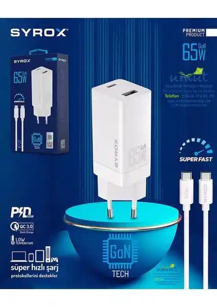 Syrox GAN65 Type-C USB Güç Adaptörü ve Kablo Seti 65W Hızlı Şarj Özelliği ile Performans Artırıcı