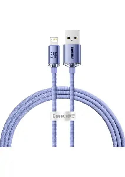 Baseus Crystal Shine 2.4A Lightning Şarj Kablosu Mor Renkli 120 cm yüksek performanslı ve dayanıklı