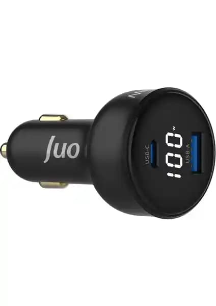 Juo 100W LED Ekranlı Type-C ve USB-A Araç Şarj Cihazı: Güç ve Güvenlik Bir Arada