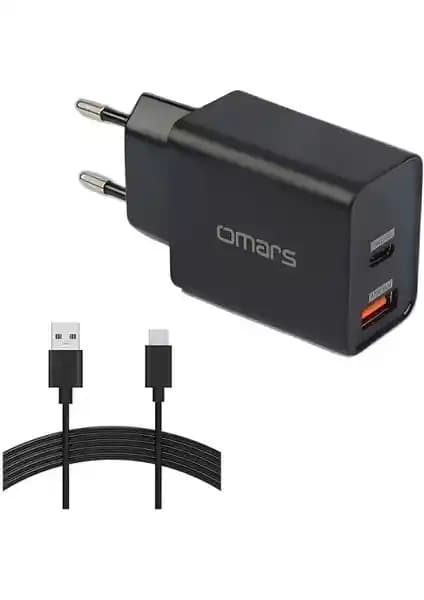 Omars 18W Çift Çıkışlı USB Type-C PD Hızlı Şarj Cihazı ve 1 Metre Kablo ile Pratik Şarj Çözümü