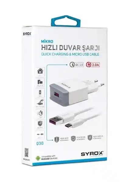 Syrox SYX-Q30 Micro USB Hızlı Şarj Adaptörü Güvenli ve Yüksek Performanslı Çözüm