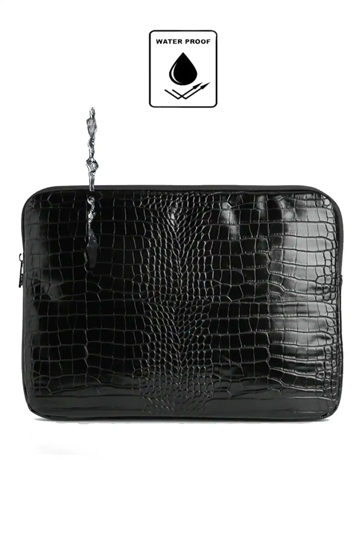 Luvenis Siyah Kroko Desenli Fermuarlı Laptop Kılıfı 13-16 inç için şık ve dayanıklı koruma