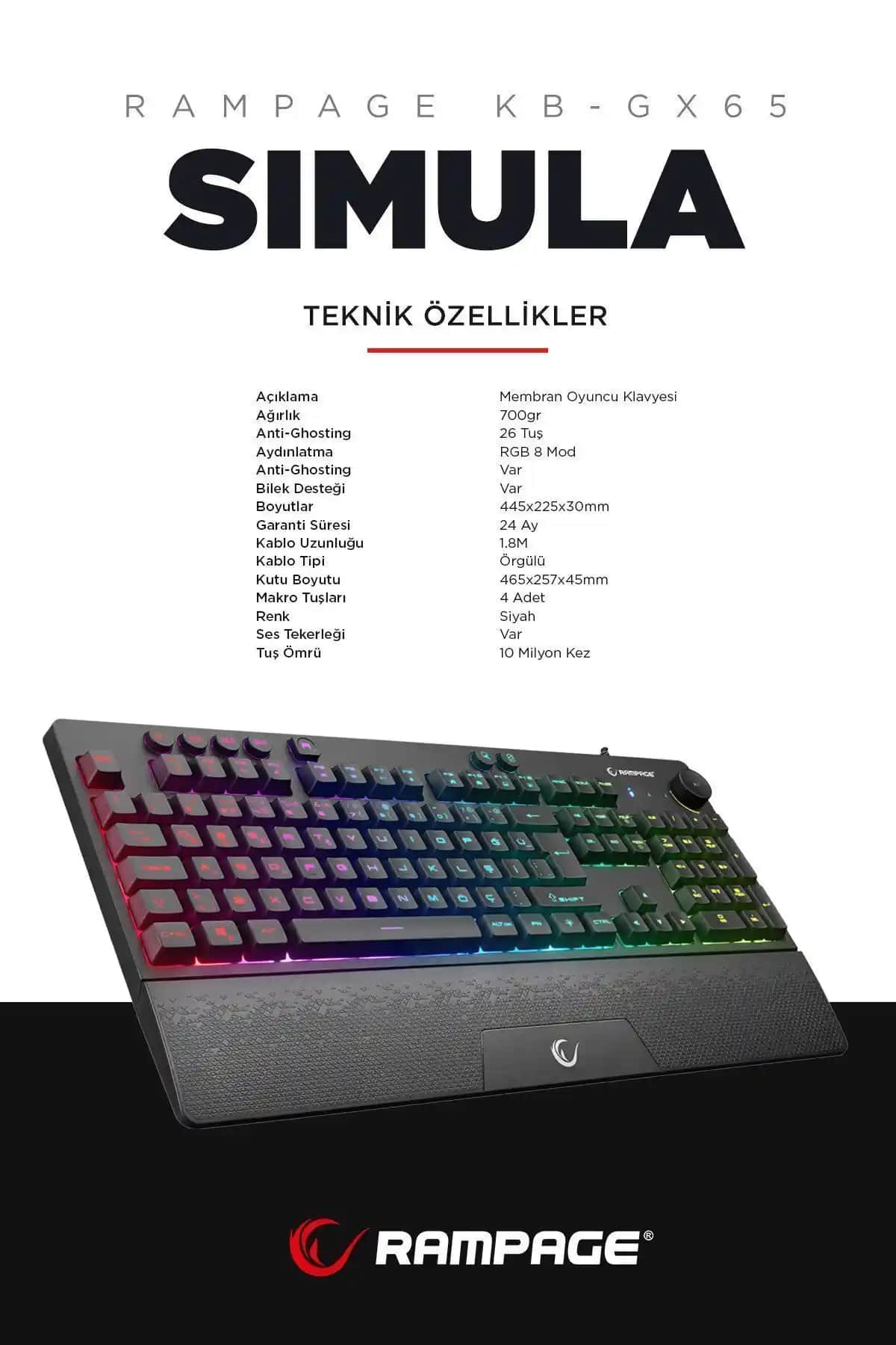 Rampage KB-GX65 Simula USB RGB Aydınlatmalı Gaming Klavyesi: Yüksek Performans ve Estetik Özellikler
