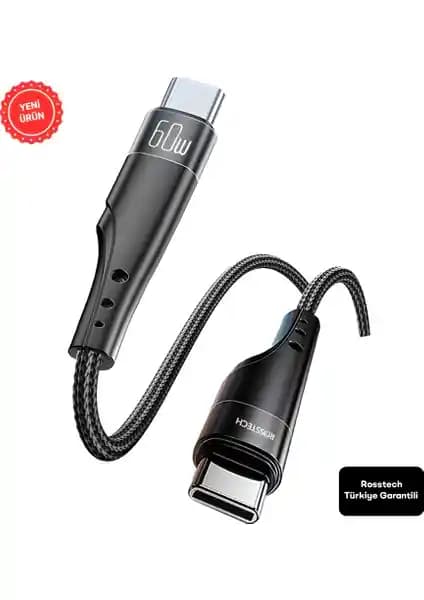 Rosstech 60W Type-C To Type-C Süper Hızlı Şarj Kablosu Türkiye Garantili