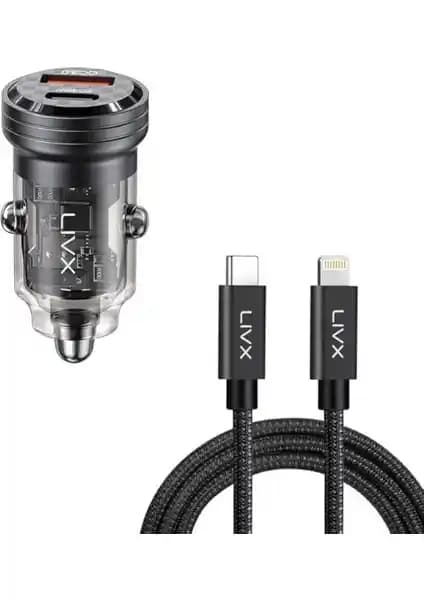 Transparan 45W PD/QC Mini Araç Şarj Cihazı ve iPhone Hızlı Şarj Kablosu Seti - Dayanıklı ve Pratik