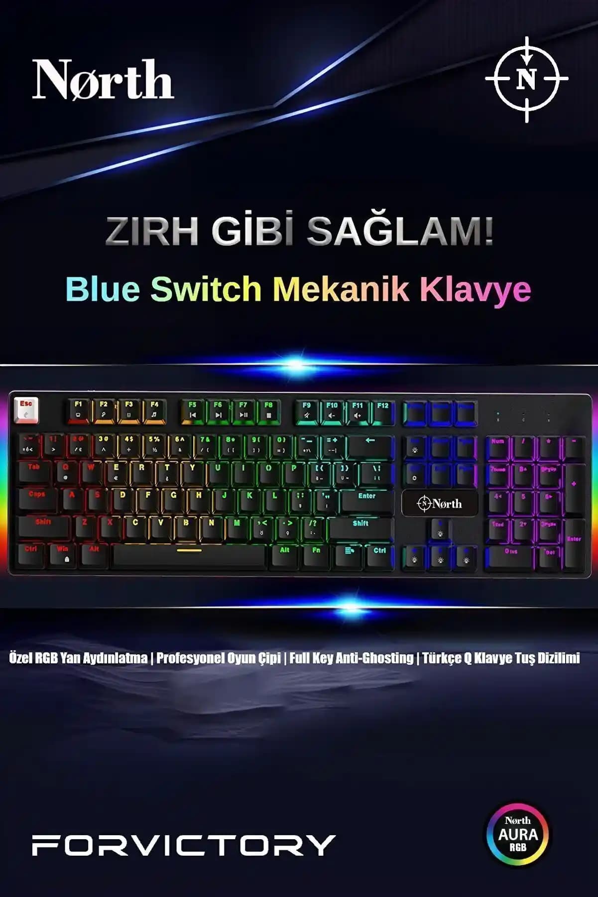 North Shield Blue Switch Mekanik Gaming Klavye Tam Metal Panel ile Güç ve Dayanıklılık Sunar