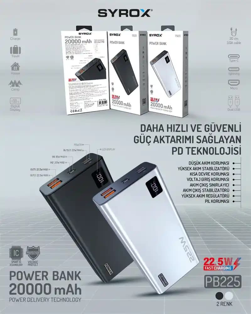 Syrox 20000 mAh Powerbank: Yüksek Kapasite ve Taşınabilirlik ile Günlük Kullanım İçin Ideal