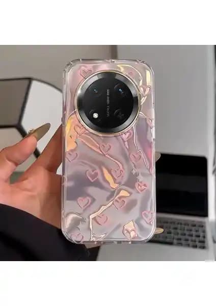 Honor Magic 7 Lite için Pembe Silikon Kılıf Kalp Motifleriyle Estetik ve Koruma Sağlar