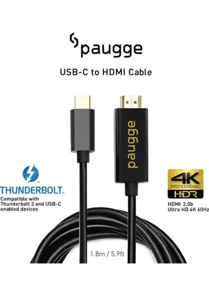 Paugge USB C to HDMI Kablosu 4K 60Hz HDR HDCP 2.2 Destekli Yüksek Kalite Bağlantı